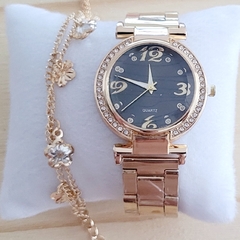 Relógio Feminino Luxo Dourado Fundo Preto + Pulseira Feminina