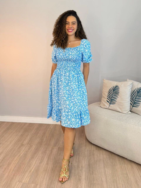 Vestido Lilian - Azul com branco