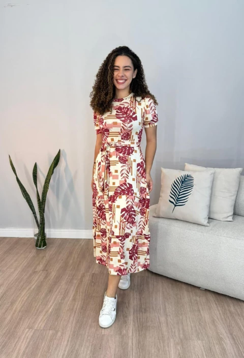 Vestido Sabrina Ingrid - Estampado Folhagem Vermelha