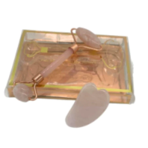 Kit Rolinho Massageador+ Gua Sha Pedra Jade Rosa VCTEC