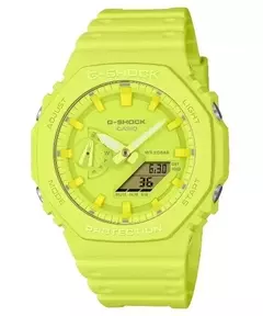 Reloj Casio G-Shock GA-2100-9A9 en color amarillo vibrante con características digitales y analógicas.