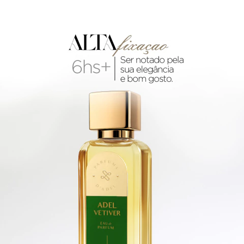 Frasco do perfume Adel Vetiver 100ML Eau de Parfum com tampa dourada, destacado pela alta fixação e elegância, ideal para homens sofisticados.