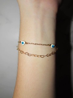 Pulseira Dupla Olho Grego Coração Folheado à Ouro 18k - 3112