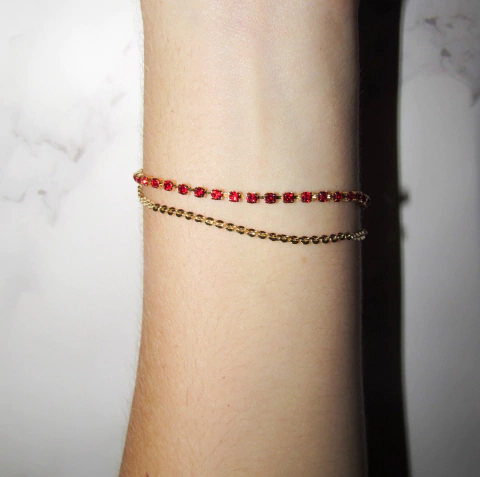 Pulseira Dupla Pedras Vermelhas Folheado à Ouro 18k - 3303