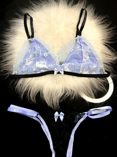 Conjunto de Renda Sem Bojo Sutiã e Calcinha Azul com Preto M
