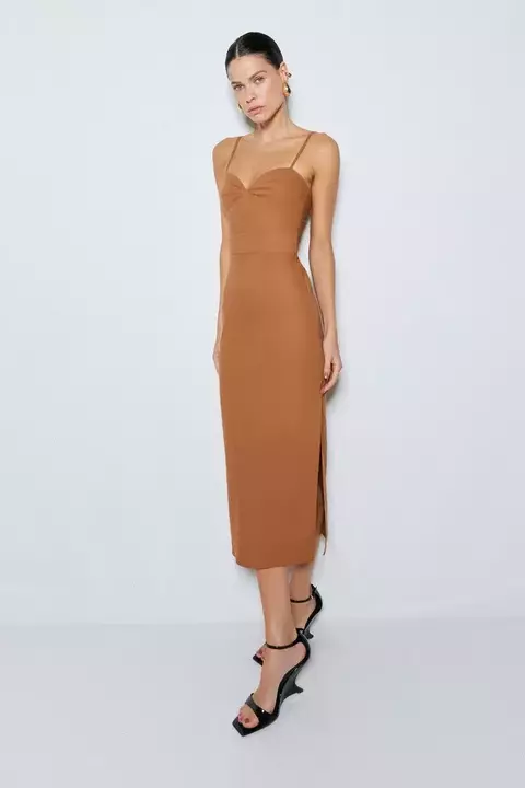 Vestido Midi Decote Coração e Fenda Lateral Zen