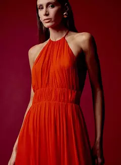 Vestido Longo Evasê Drapeado Frente Única Vermelho Susan - Oasis La Isla