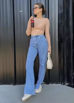 Calça Jeans Wide Leg Fenda lateral Pri