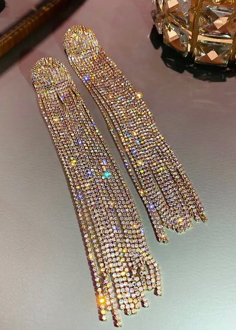 Brinco Franjas Longo Strass Crystal Dourado