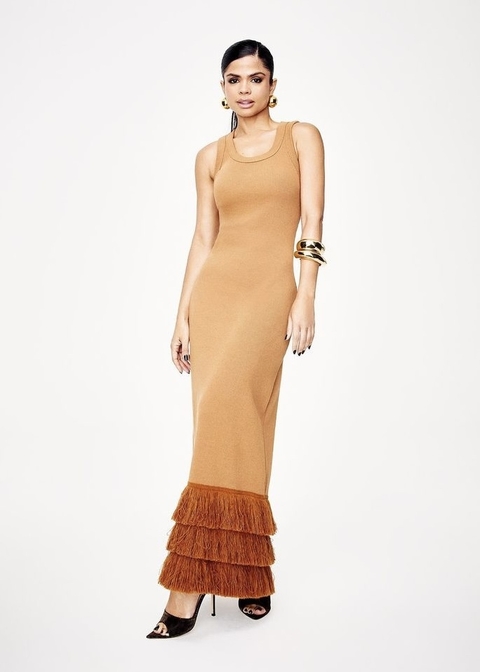 Vestido Midi Ribana Regata Barra com Franjas