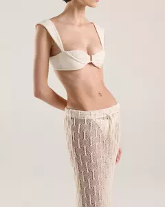 Conjunto Top Franzido Viés Pesponto e Tanga Triang - Off Textura Ostra - comprar online