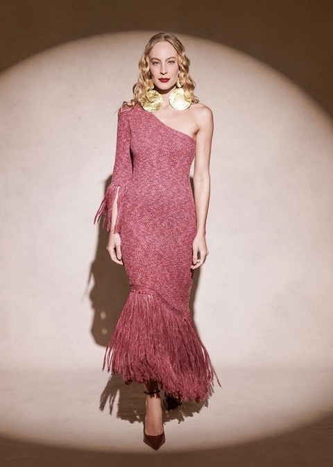 Vestido Midi Tricot Franjas com Cinto