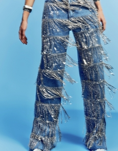 Calça Jeans Wide Leg Franjas Strass Paris na internet