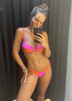 Top Biquini Decote V Bicolor Rosa e Laranja - comprar online