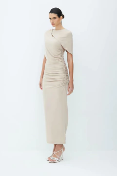 Vestido Midi com Sobreposicao Abertura Costas Zen