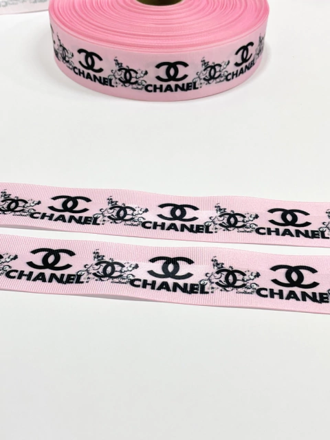 Fita grife Channel rosa bebê gorgurão detalhe cetim 38mm - 2 metros