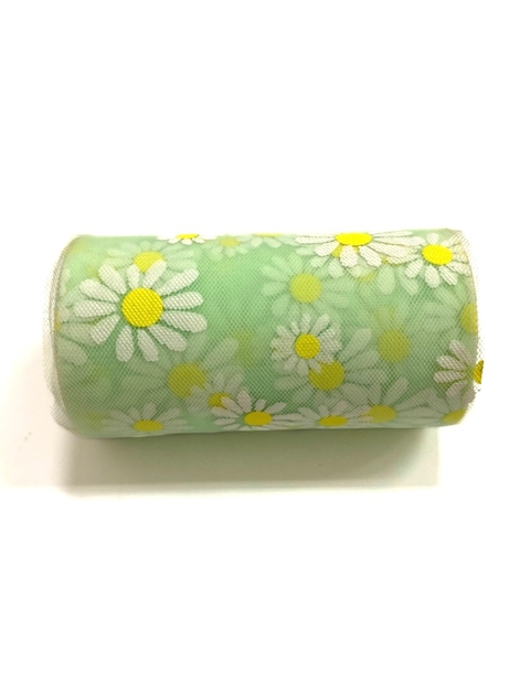 Tule verde estampa margarida 10cm - 3 metros