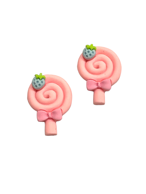 Aplique pirulito resina rosa bebê com morango - 2 unidades