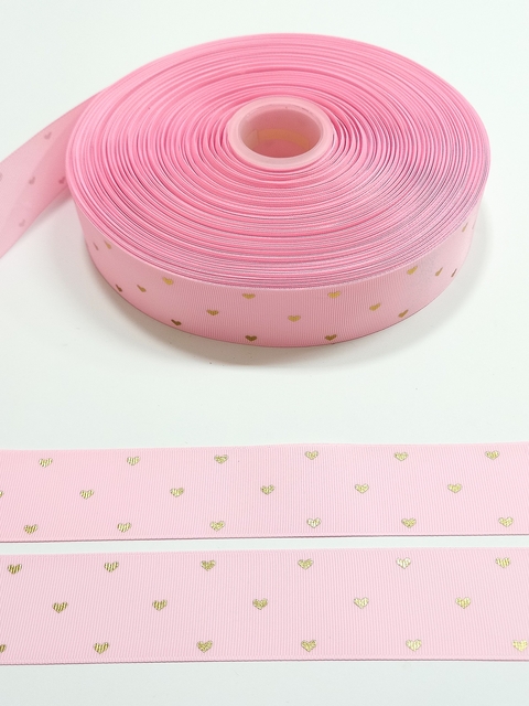 Fita Yama com corações metalizados 38mm rosa bebê - 2 metros