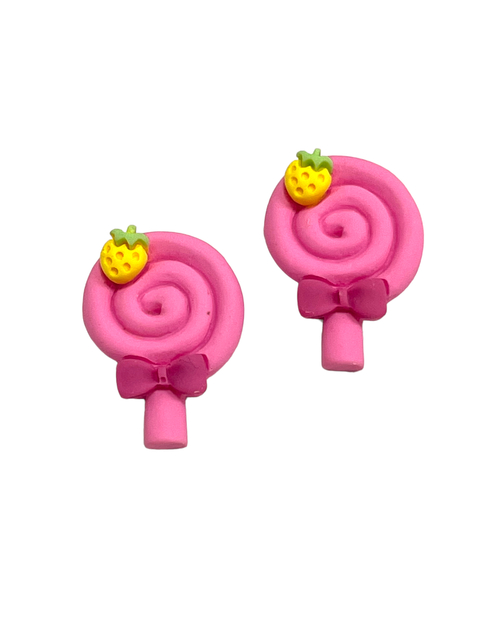 Aplique pirulito resina rosa com morango - 2 unidades