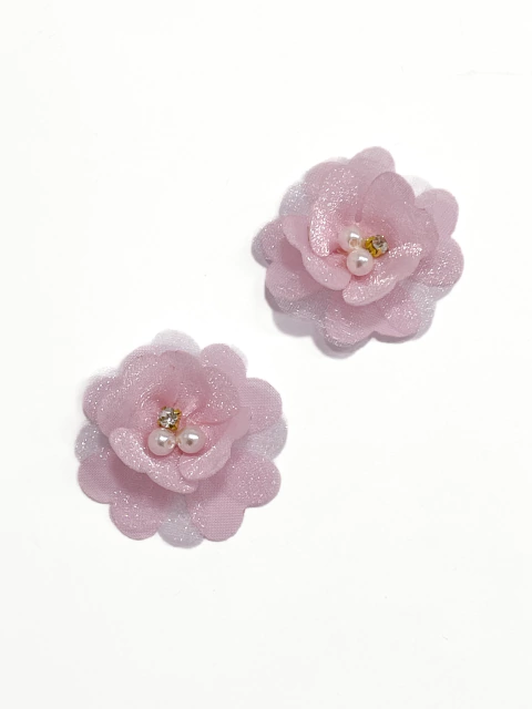 Aplique flor cetim com strass/pérola rosa bebê - 1 unidade