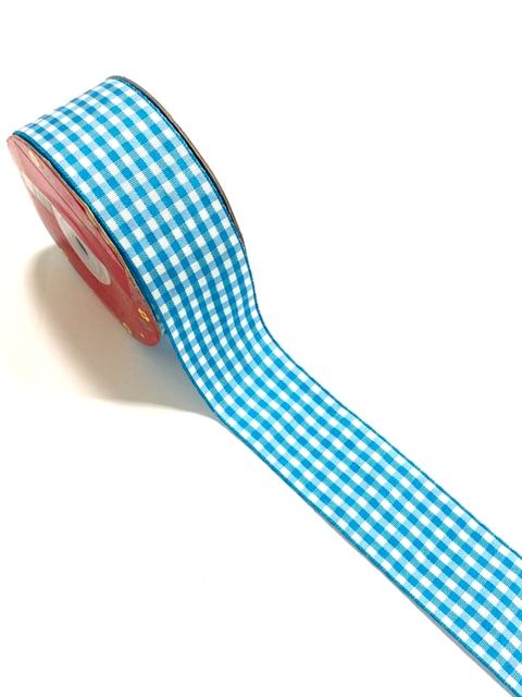 Fita gorgurão importada xadrez P azul tiffany 38mm - 2 metros