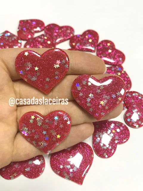 Aplique Coração de acrílico com gliter acrílico