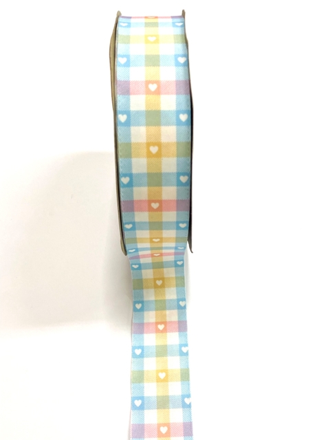 Fita xadrez de algodão tons candy com coração 38mm - 1 metro