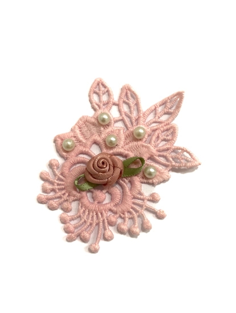 Aplique flor gripir rosa com pérolas 70x35mm - 1 unidade