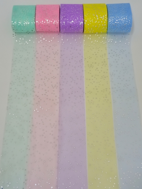 Fita Tule com estrelinhas prateadas - 2 metros