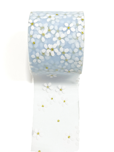 Fita tule azul bebê com margarida 60mm - 2 metros