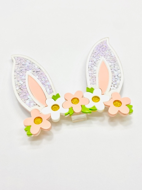 Aplique orelha coelho com tiaras de flores salmão acrílico - 1 unidade