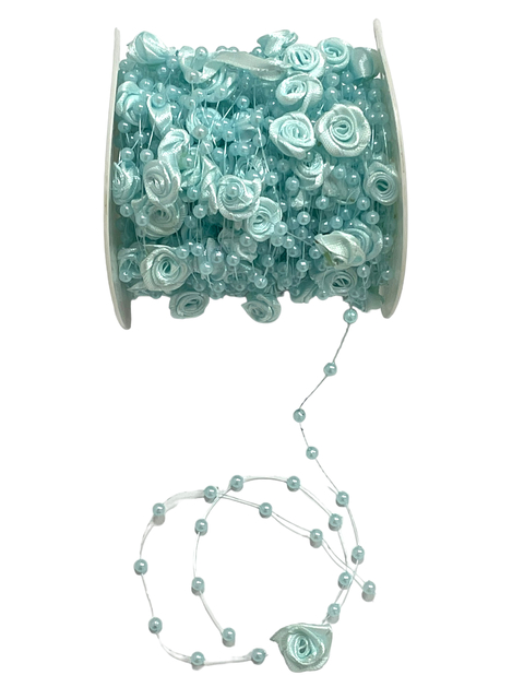 Fio flor de rococó e perólas azul bebê - 1 metro