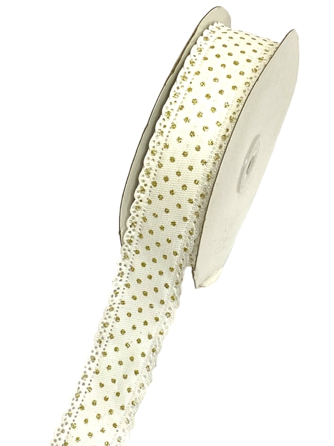 Fita veludo cotelê branca poá dourado 38mm - 1 metro