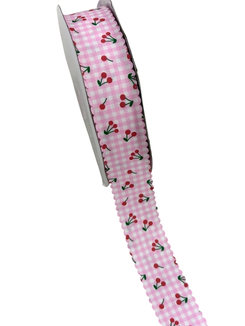 Fita Importada Xadrez Rosa Bebê Estampa Cereja Borda Ondulada - 2 Metros - comprar online