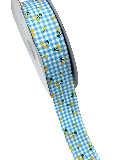 Fita Importada Xadrez Azul Bebê Estampa Cereja Borda Ondulada - 2 Metros - comprar online