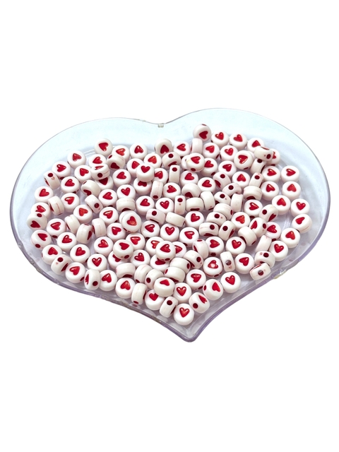 Miçanga Redonda Branca Coração Vermelha - 20g
