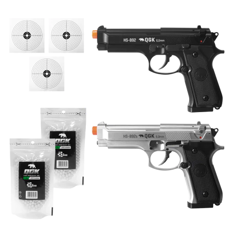 PISTOLA AIRSOFT SPRING HS-B92 + B92S 6MM + 2000 BBS + ALVOS