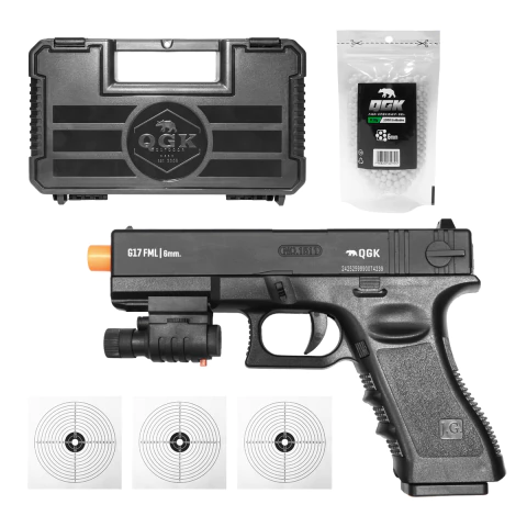 PISTOLA AIRSOFT SPRING QG17 SLIDE METAL 6MM+CASE+1000BBS+ALVO