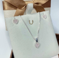 CONJUNTO CORAÇÃO MICRO ZIRCONIA ROSA PRATA925
