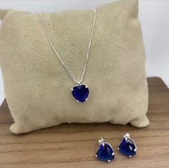 CONJUNTO CORAÇÃO SAFIRA 10X10 PRATA925