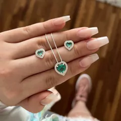 CONJUNTO CORAÇÃO TURMALINA COM MOLDURA CRAVEJADO PRATA925