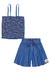 Conjunto Infantil Menina Blusa E Short Com Laço Azul Jeans Médio Cinti