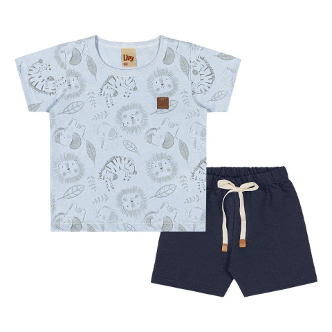 Conjunto Infantil Camiseta Estampada Animais Lavanda Bermuda Azul Livy