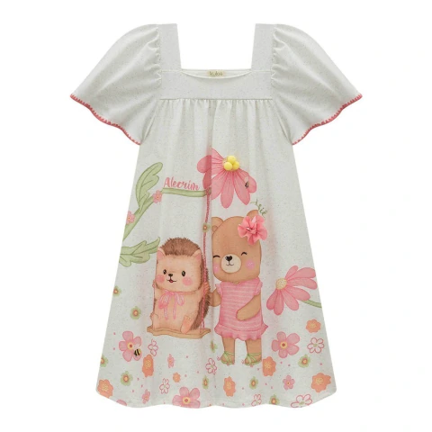 Vestido Infantil Off White Estampa Ursinha Ouriço Kukiê na internet