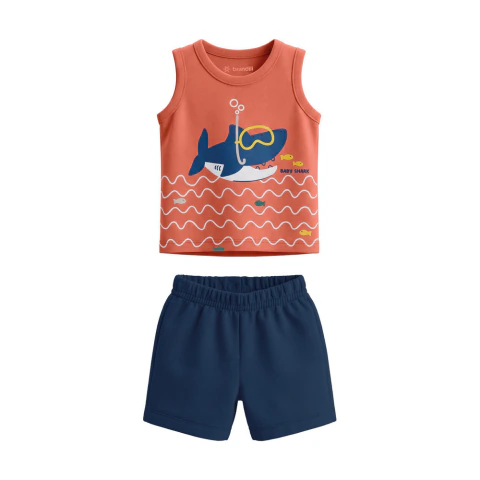 Conjunto Infantil Regata Bermuda Baby Shark Mar Oceano Brandili Laranja Azul na internet