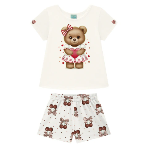 Pijama Infantil Feminino Curto Algodão Ursinha Kyly Branco