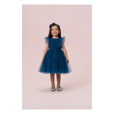 Vestido Festa Menina Azul Tule Petit Cherie
