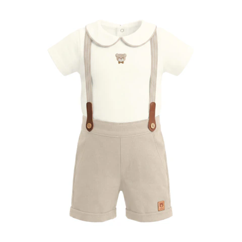 Conjunto Infantil Body Bermuda Suspensório Brandili Branco Bege