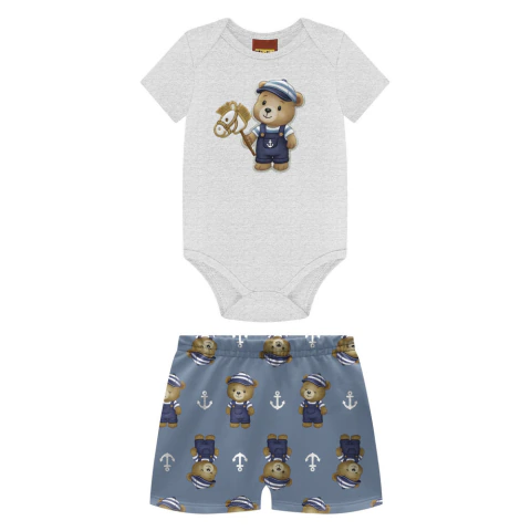 Conjunto Infantil Bebê Body Manga Curta e Shorts Estampado Ursinho Killy Cinza Azul